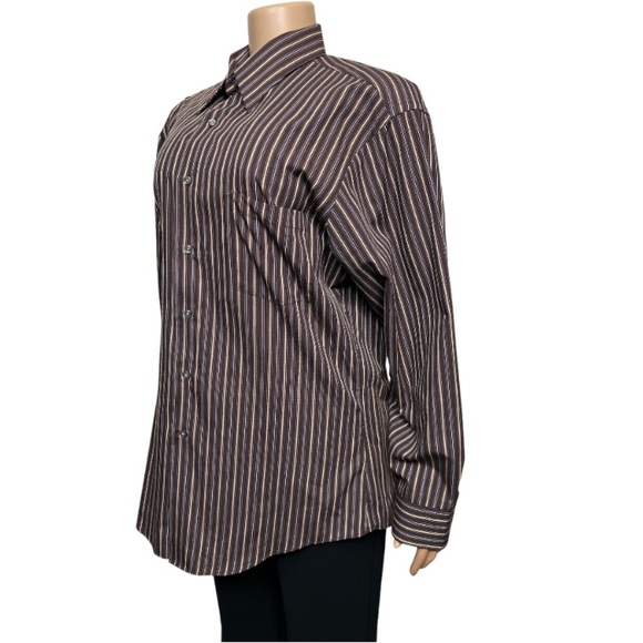 Arrow Casual Striped Dress Shirt Fitted Wrinkle Free Brown Tan - Picture 10 of 17